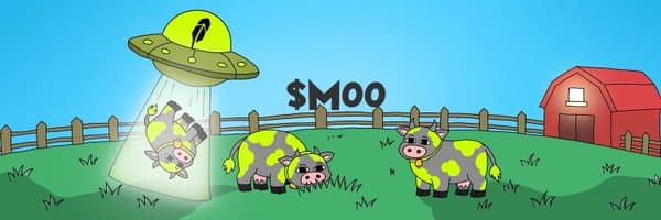 A lime UFO beams up a spotted cow. Two more cows stand in the grass by a wooden fence and a red barn. The sky says $MOO.
