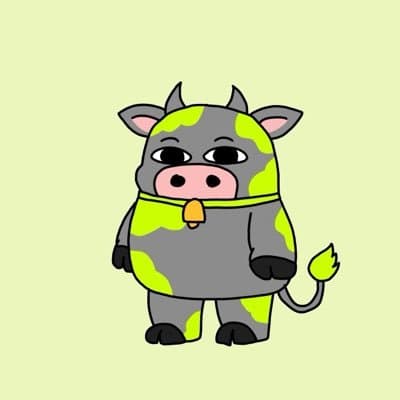 The $MOO cow: gray, lime spots, pink snout, yellow bell, on a pale green field